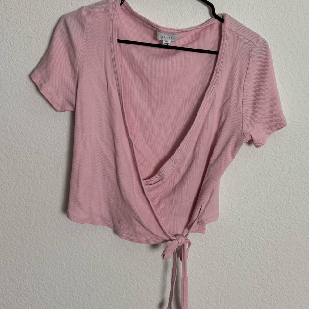 Topshop Pink Wrap Tie Short Sleeve Crop Top